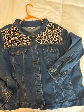 Woman Within Dark Blue Denim Jacket with Leopard Print Yoke